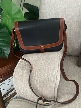 Bally Black Brown Shoulder Bag with Contrast Trim, Pebbled, Gold Hardware